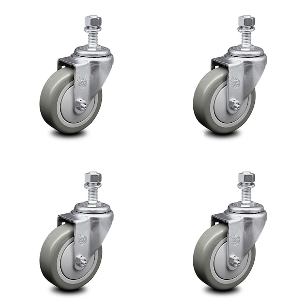 4 Inch Gray Polyurethane Wheel Swivel 12mm Threaded Stem Caster Set SCC